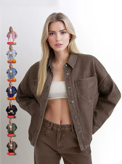 Women's Plain Button Front Drop Shoulder Curved Hem Denim Jacket