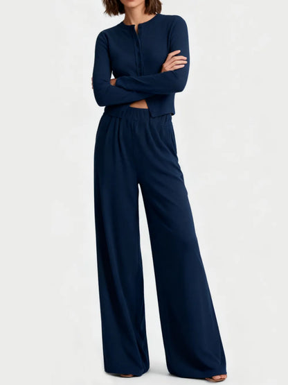 Women's Solid Button Front Ribbed Crop Top & Elastic Waist Pants 2 Piece Set