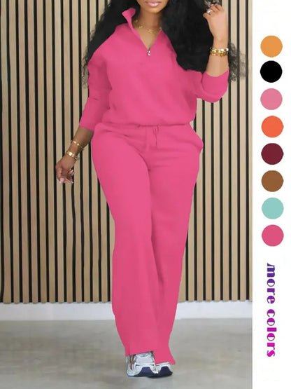 Women's Solid Casual Long Sleeve Top & Pocket Wide Leg
