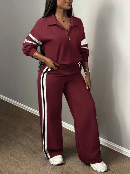 Women'S Zipper Jacket & Striped Wide-Leg Pants Set, Streetwear & Casual, Two-Piece Suit For Daily Wear