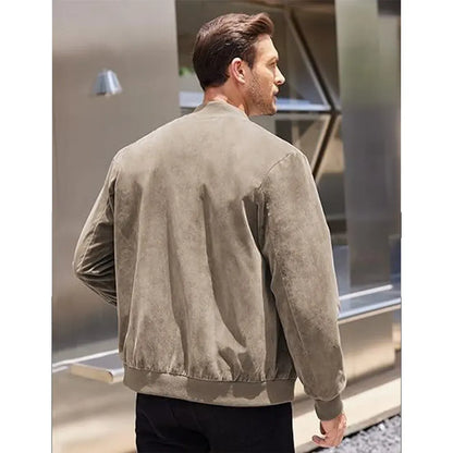 Men’s Classic Thin Casual Jacket: Stretchy Faux Suede (Lightweight, Retro, Soft)
