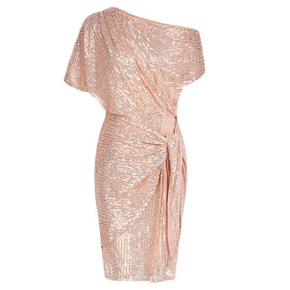 Women Sequined Party Dress Short Sleeve Asymmetric Off Shoulder Bodycon Dress