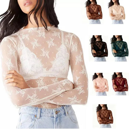 Women's Lace Blouse, Mesh Long-Sleeve Floral Lace Shirt
