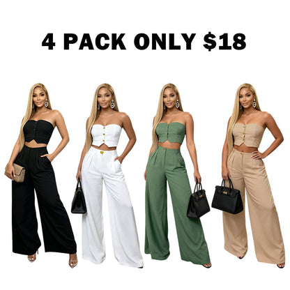 Women's Strapless Crop Top & Wide Leg Pants 2 Piece Set