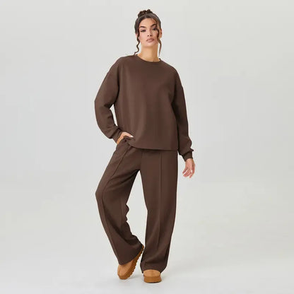 Women's Cozy Round Neck Top & Wide Leg Trousers Two Piece Outfits