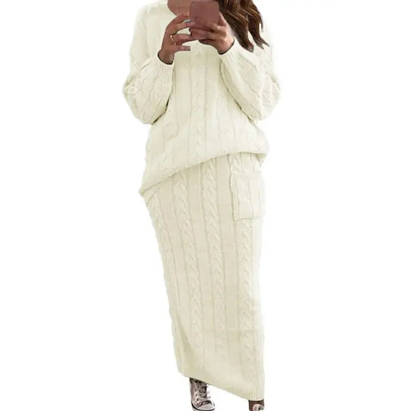 Women's Winter Chunky Cable Knit Long Skirt 2 Piece Sweater Sets