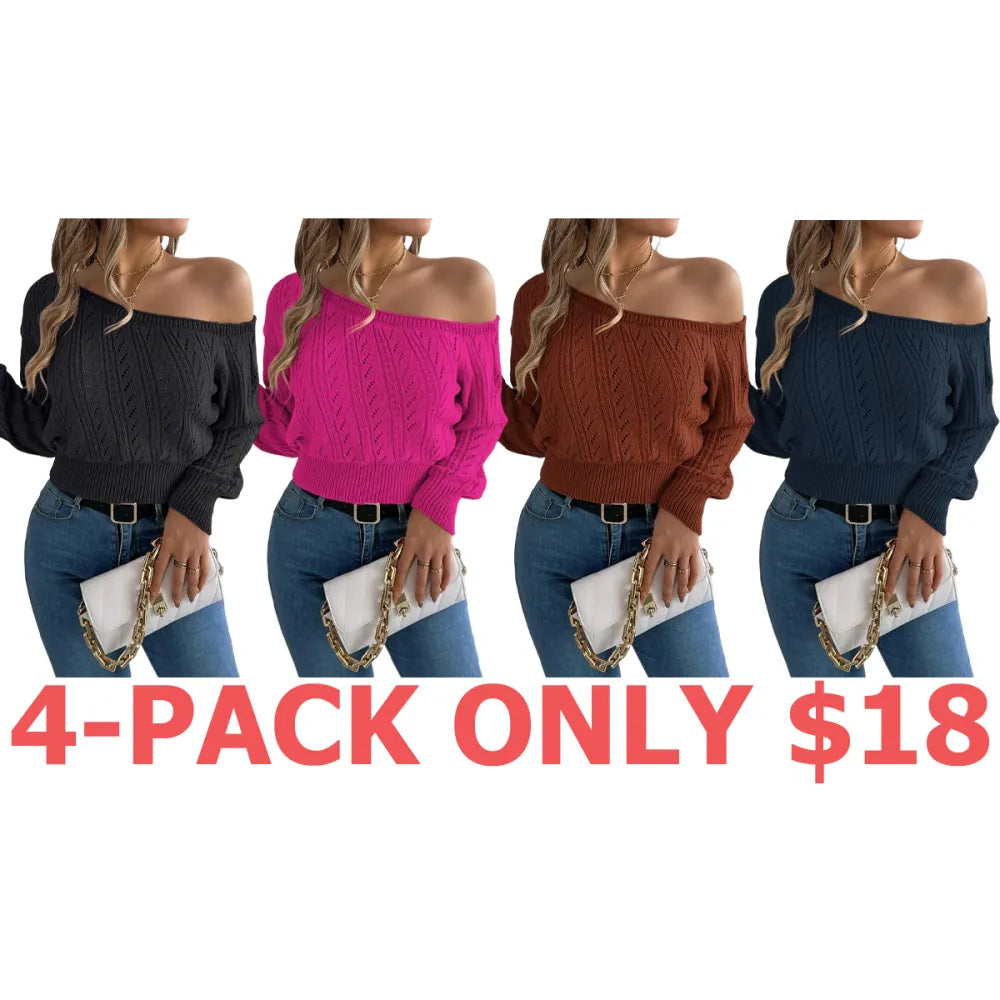 Women's Plain Textured Hollow Out Asymmetrical Neck Sweater