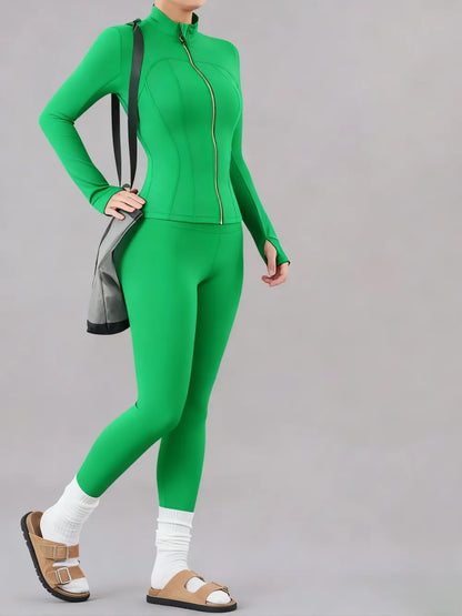 Solid Zip Up Jacket & High Waist Leggings Tracksuit Set