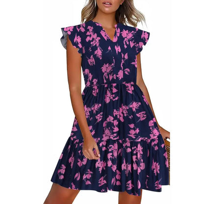 Women's Floral Printed Ruffle Sleeve Tiered Mini Dress