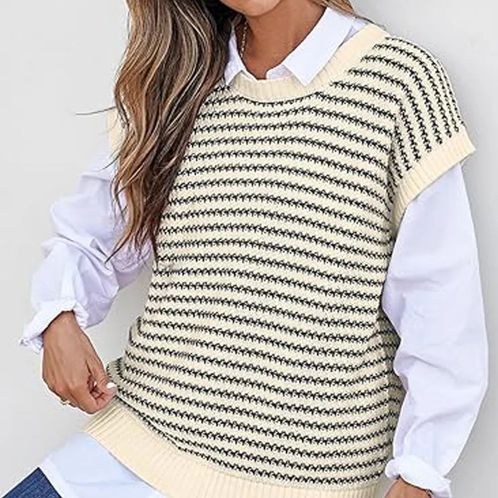 Women's knitted vest, striped pullover, sleeveless top, round neck