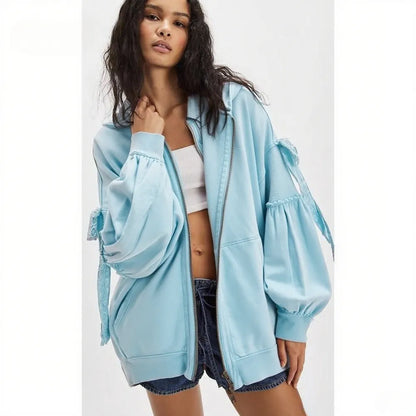 Women's Fall/Winter Zip Up Hoodies with Pockets Stylish Solid Bow Tie Long Sleeve Sweatshirt Jackets