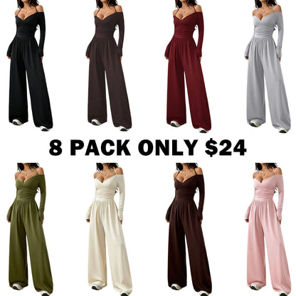 Women's Solid Color Off-Shoulder Ruched Wide Leg Casual Jumpsuit