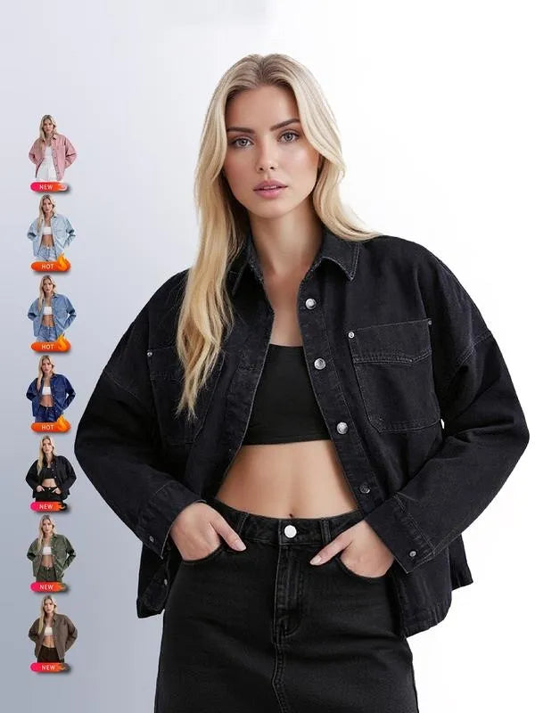 Women's Plain Button Front Drop Shoulder Curved Hem Denim Jacket