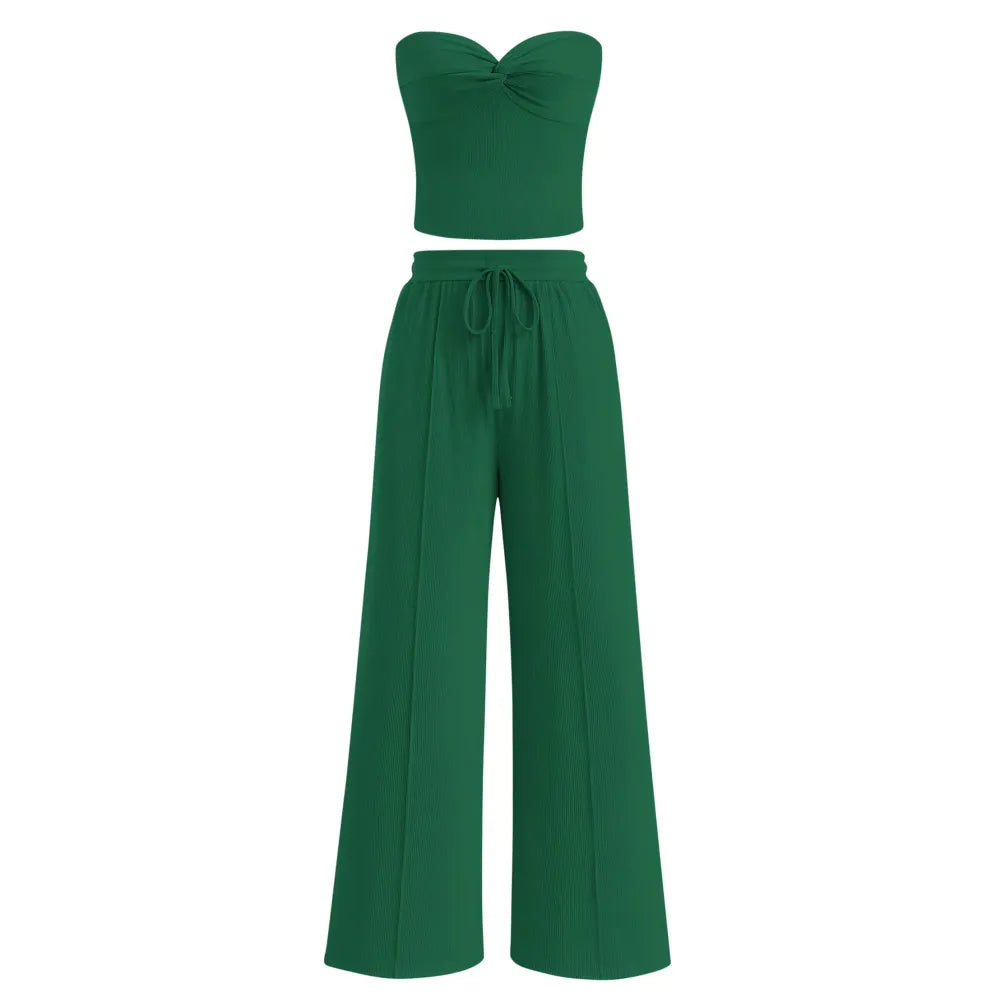 Women Summer Ribbed Strapless Twist Knot Tube Top Pants Set
