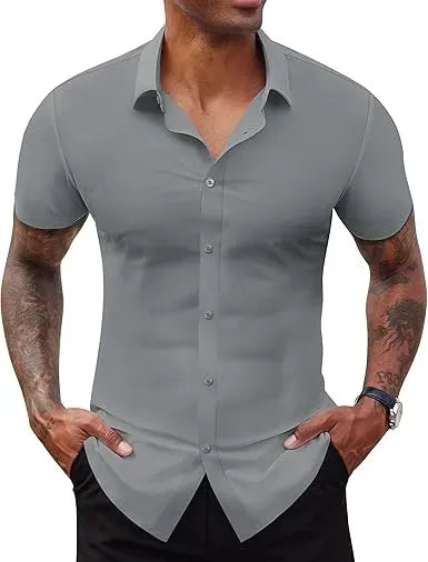 Men's Short Sleeve Stretch Slim Fit Casual Button Down Shirts