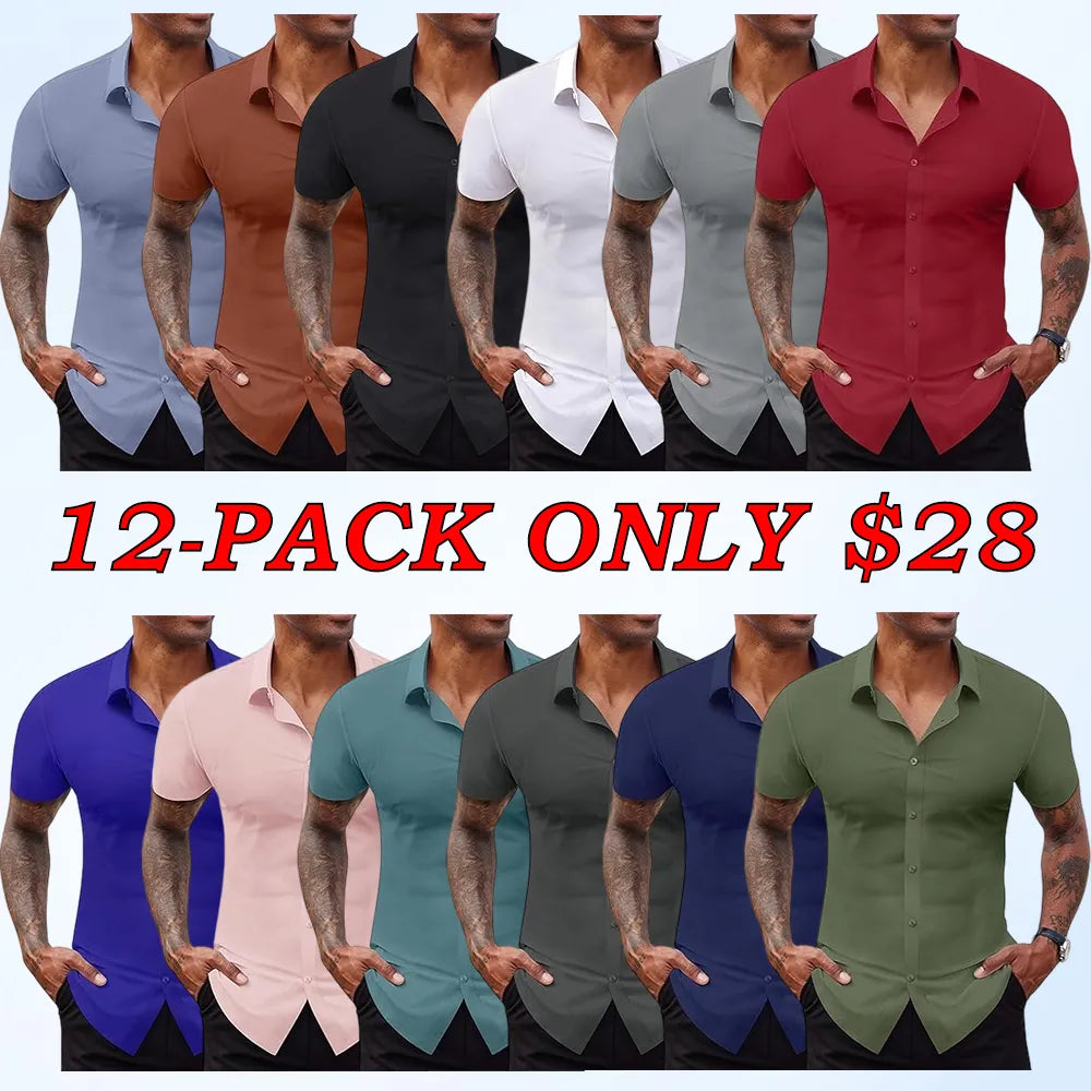 Men's Short Sleeve Stretch Slim Fit Casual Button Down Shirts