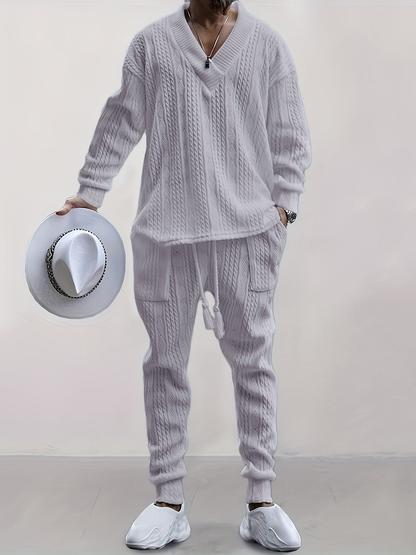 Mens V Neck Sweatshirt Jacquard Tracksuit 2 Piece Men Baggy Sweatsuit Sets Men's Jogging Tracksuit Set Outfit for Men