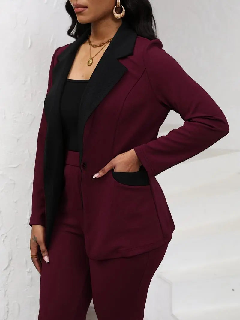 Women's Colorblock Blazer & Straight Leg Pants Set Suits