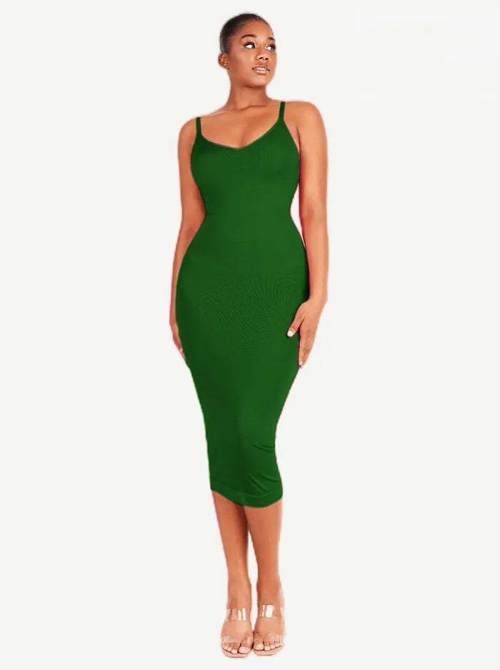 Seamless Spaghetti Strap V Neck Maxi Dress with Built-in Bodycon