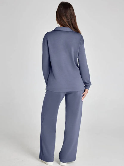 Women's 2 Piece Sets Outfits Casual Long Sleeve Sweatsuits Polo Top and Wide Leg Pants Matching Sets