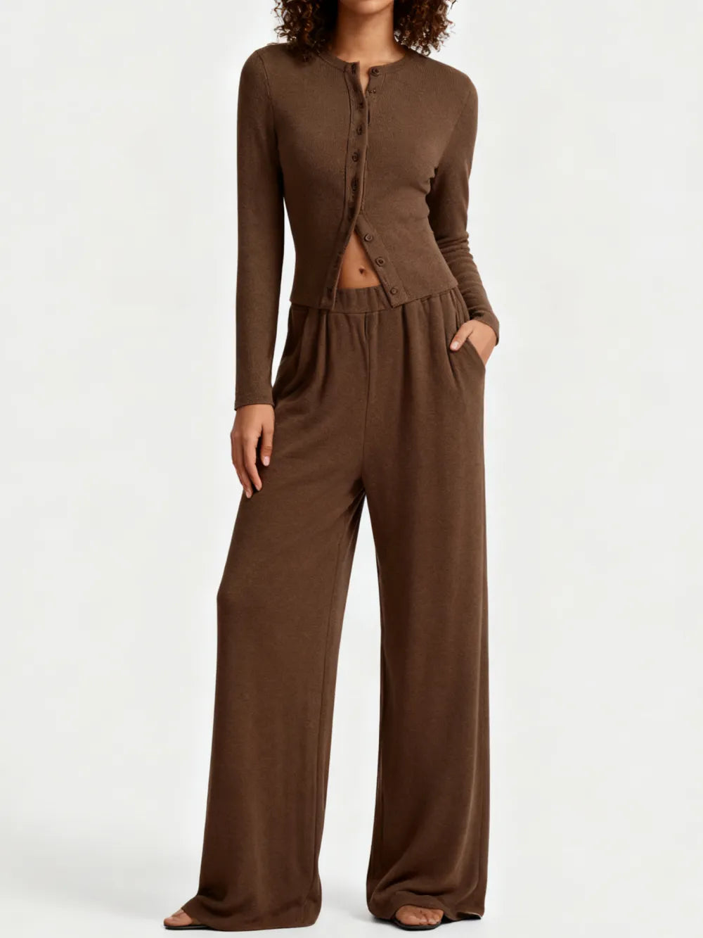 Women's Solid Button Front Ribbed Crop Top & Elastic Waist Pants 2 Piece Set