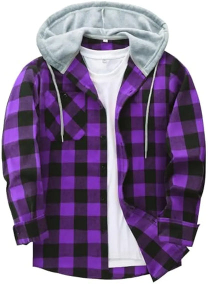 Men’s Plus Size Plaid Patchwork Hooded Jacket – Button Front Casual Outerwear with Pockets