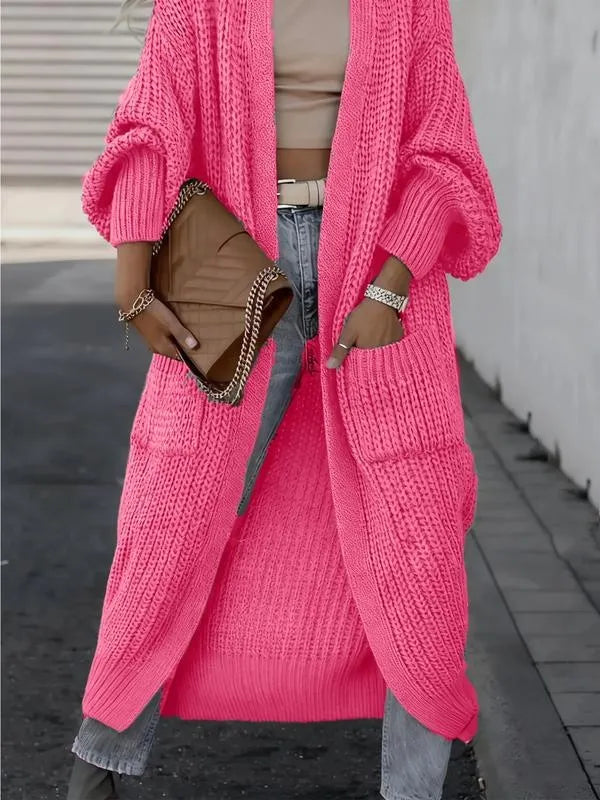 Women's Solid Drop Shoulder Long Cardigan, Casual Pocket Long Sleeve Cardigan,Sweaters for Women