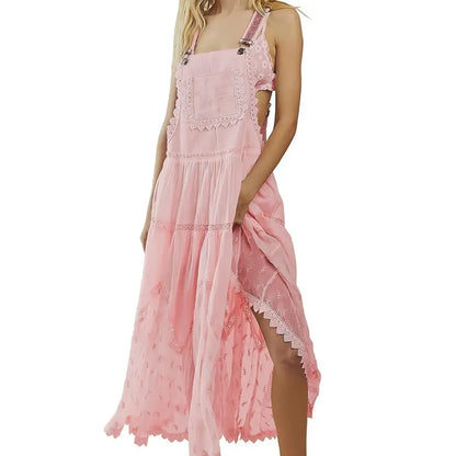 Women's Basic Minimalist Sleeveless Laced Embroidered Tulle Bib Dress