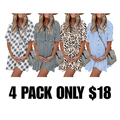 Babydoll Dress for Women Short Sleeve Button Down Textured Non-clingy Loose Fit Flowy Mini Dress with Pockets