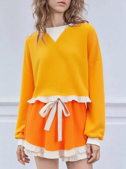 Women's 2 Piece Lounge Sets Ruffle Color Block Cropped Sweatshirts Casual Drawstring Shorts Fall Loose Sweatsuits