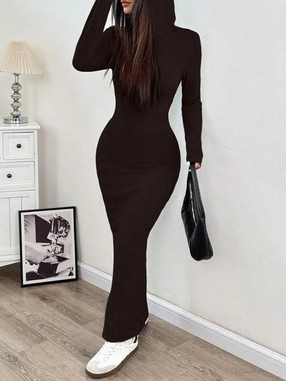 Women's Hooded Drawstring Slim Fit Long Sleeve Knit Dress