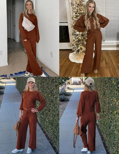Women's two-piece set long sleeved pullover top with pockets wide leg pants casual set Pajama Loungewear Nightwear