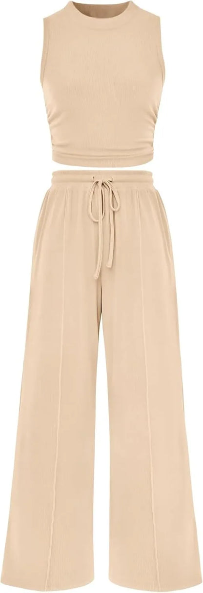 Women Summer 2 Piece Outfits Ribbed Knit Cropped Top Elastic Waist Wide Leg Pants Lounge Set