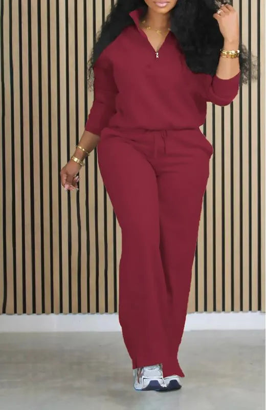 Women's Solid Half Placket Split Hem Pants Set