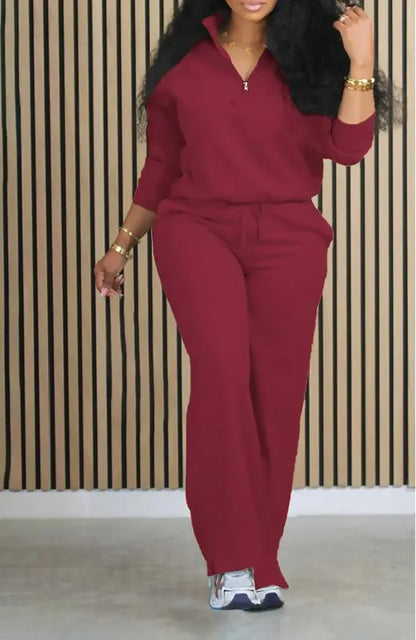 Women's Solid Half Placket Split Hem Pants Set