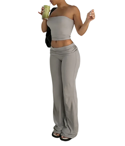 A two-piece set consisting of a cropped bandeau top and wide-leg pants.