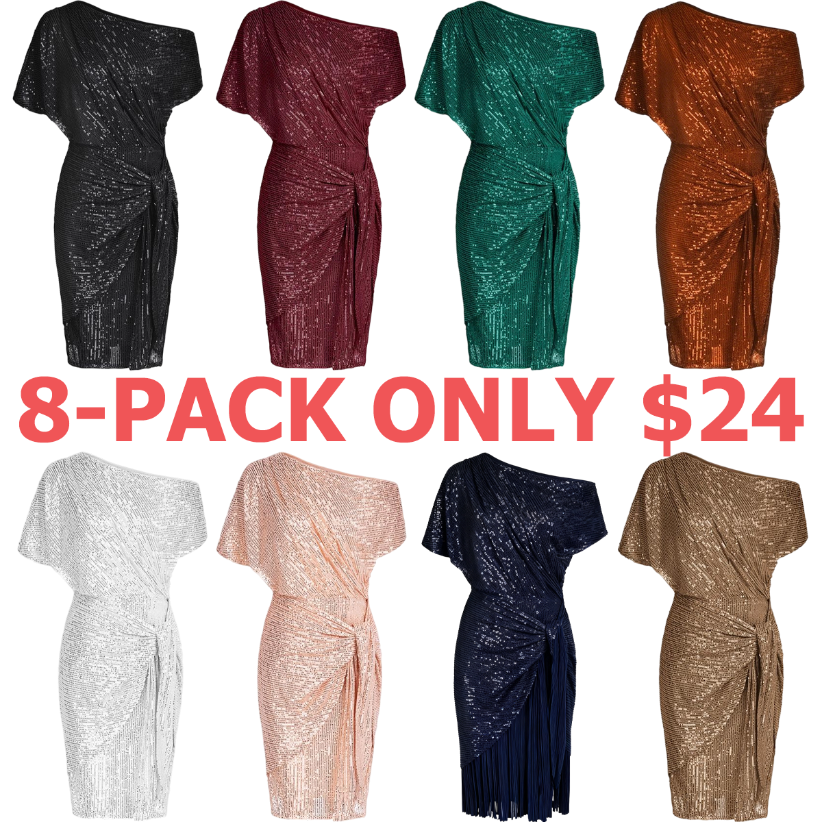 Women Sequined Party Dress Short Sleeve Asymmetric Off Shoulder Bodycon Dress