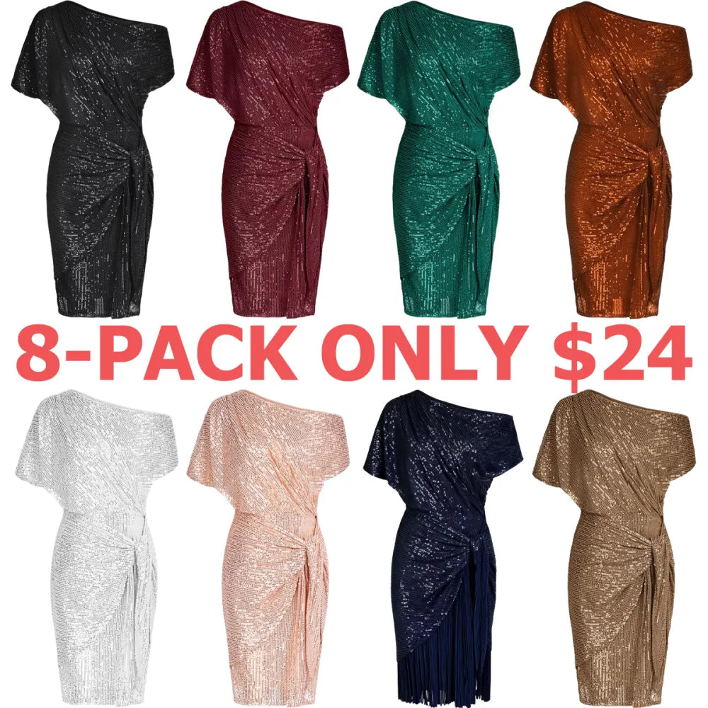 Women Sequined Party Dress Short Sleeve Asymmetric Off Shoulder Bodycon Dress