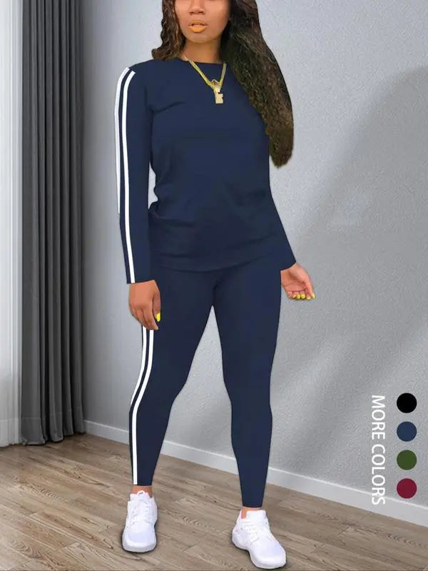 Women's Striped Print Long Sleeve & Pants Two-piece Set