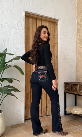 Wash Geo Embroidery Rhinestone Decor Mid Rise Bootcut Jeans Without Belt