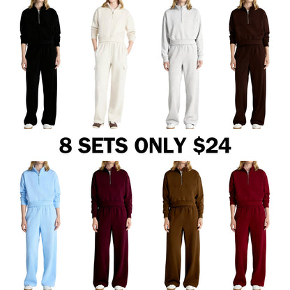 Fleece Half Zip Pullover & Cargo Wide-Leg Pants 2-Piece Set