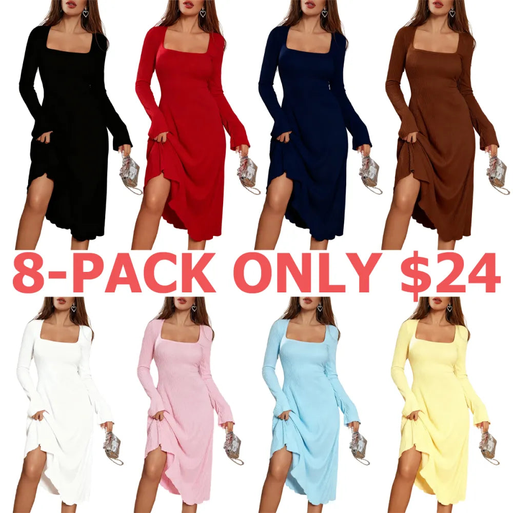 Women's Plain Lace Up Tie Back Flounce Sleeve Dress