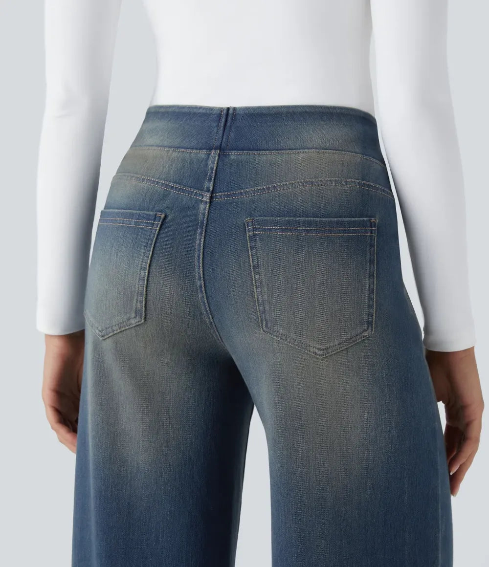 💝Last Day Promotion⚡High Waisted Multiple Pockets Baggy Wide Leg Washed Stretchy Knit Casual Jeans