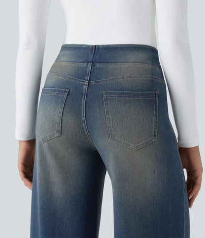 💝Last Day Promotion⚡High Waisted Multiple Pockets Baggy Wide Leg Washed Stretchy Knit Casual Jeans