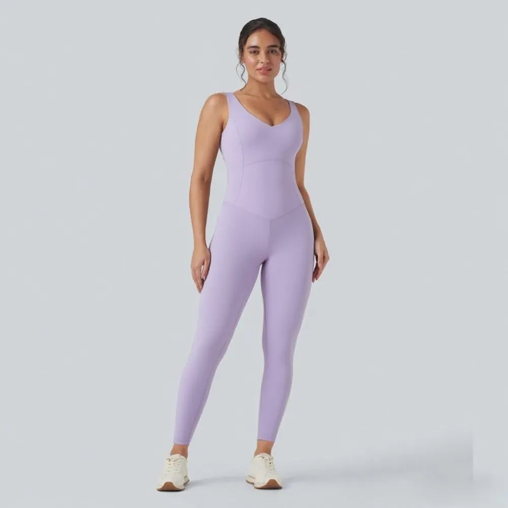 V Neck Butt Lifting Workout Jumpsuit with Pockets