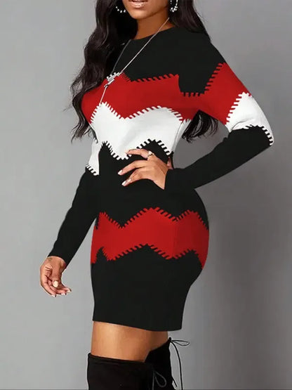 Vintage Geometric Print Casual Long Sleeve Dress