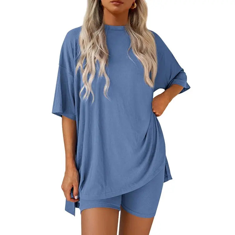 Women's Summer Two-Piece Set 2025 Casual Oversized Crewneck Split Hem Shirts & Side Pocket Biker Shorts Minimalist Lounge Wear Soft Viscose Fabric Comfy Homewear Cozy Pjs