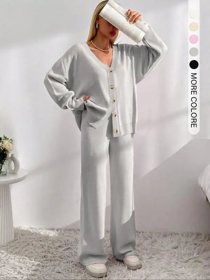 Women's Solid V Neck Cardigan & Elastic Waist Wide Leg Pants Two-piece Set