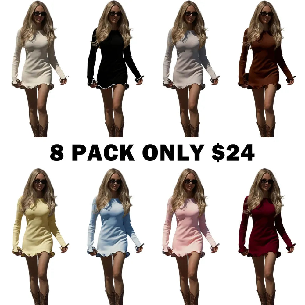 Colorblock Wave Hem A-Line Long Sleeve Knit Dress
