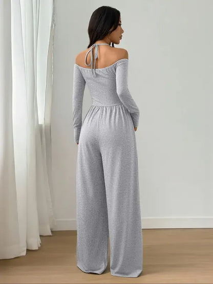 Women's Solid Color Off-Shoulder Ruched Wide Leg Casual Jumpsuit